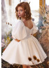 Puff Sleeves Ivory Beaded Satin Short Flower Girl Dress